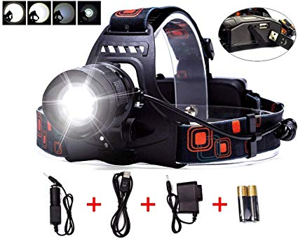 Lightess LED Headlamp Rechargeable Zoomable Headlight Cree XM L2 Head Lamp 5 Modes Head Torch Lights for Camping Hunting Hiking