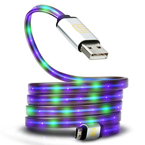 3ft Micro USB Cable Lighted with Blue and Green Flowing LEDs by DATASTREAM for Power Charging , Data Sync and Transfer - Great for Car , Bedside , and More