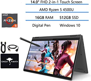 2020 Newest Lenovo Flex 5 14" FHD 2-in-1 Business Touch Laptop, AMD Ryzen 5 4500U(Beat i7-8750H), 16GB DDR4, 512GB PCIe SSD, Digital Pen, Win 10 w/Ghost Manta Accessories