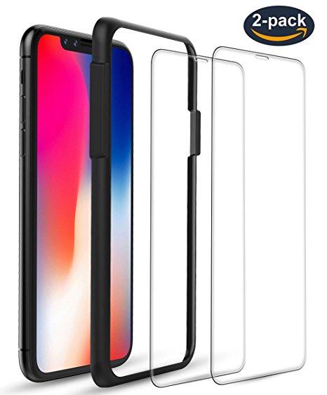 iPhone X Screen Protector [Case Friendly] [2-Pack], ALCLAP iPhone X Clear Tempered Glass Screen Protector 3D Touch Film with Easy Installation Guide Frame, Work with 99% iPhone X/10 Cases