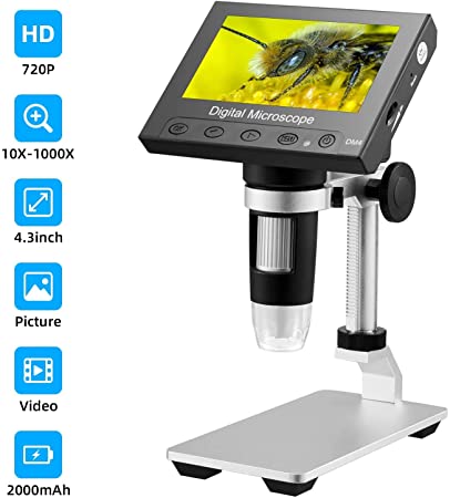 ICQUANZX 4.3 inch LCD Digital USB Microscope Endoscope Record 1000X Magnification Zoom, 8 Adjustable LED Light, Micro-SD Storage, Camera Video Recorder for Repair Soldering