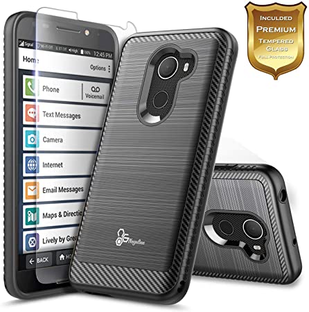 NageBee Jitterbug Smart 2 Case [GreatCall] (5.5” Screen) Smartphone for Seniors w/[Tempered Glass Screen Protector], Carbon Fiber Brushed Defender Armor Shockproof Dual Layer Hybrid Combo Case -Black