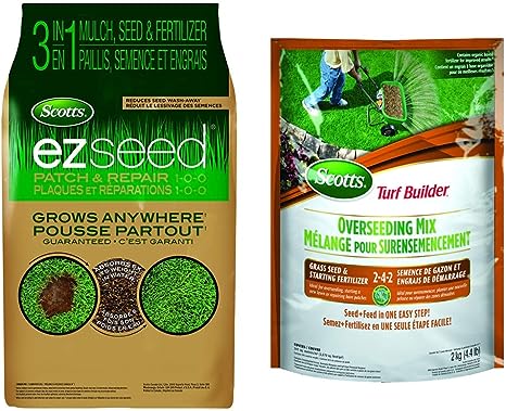 Scotts 0182 Ez Seed Patch & Repair 1-0-0 4.54Kg & 12416 Turf Builder Overseeding Mix Grass Seed & Starting Fertilizer 2-4-2