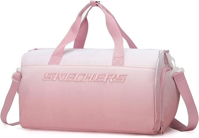 SKECHERS Gradient Duffle Bag, Large Capacity Gym Duffel Bag for Women Men, Waterproof Crossbody Bag for Durable Carry on Weekender Overnight Sports Bag Luggage Weekend Workout Travel (Pink White)