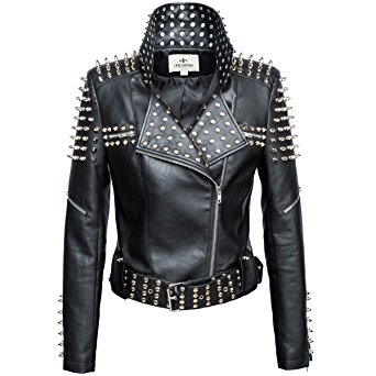 LLF Women's Faux Leather Studded Punk Style Cropped Jacket