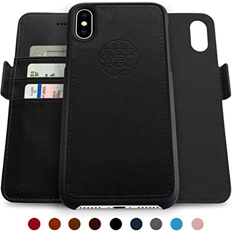 Dreem Fibonacci 2-in-1 Wallet-Case for iPhone X & Xs, Wireless Charging, Magnetic Detachable TPU Slim-Case, Luxury Vegan Leather, RFID Protection, Smart 2-Way Stand, Gift-Box - Black