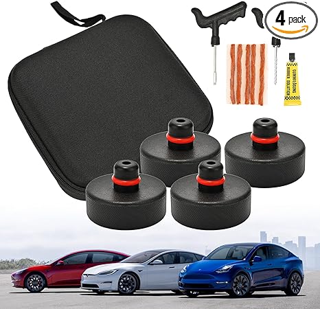 DEDC Lifting Jack Pads for Tesla Model 3/Y/S/X - 4 Pcs Non-Slip Rubber Jack Pucks Designed to Fit Tesla Jack Points, Along Tire Repair Tools with Storage Box - Premium Accessories for Tesla Owners