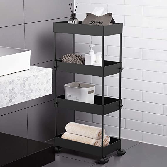 Storage Trolley, Bathroom Organizer 4-Tier Slide Out Storage Cart Storage Shelf Rack on Wheels Multi-purpose Shelving Organizer Rolling Utility Cart for Bathroom Bedroom Office, Kitchen Laundry Room