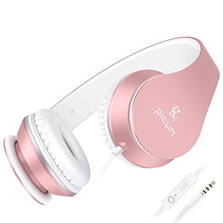 Headphones Stereo On Ear Noise Cancelling Lightweight Foldable Wired Earphone Headphone Headset with Microphone for Cell Phones Computer TV Women Girl Kids, 40mm Driver, Picun - Rose Gold