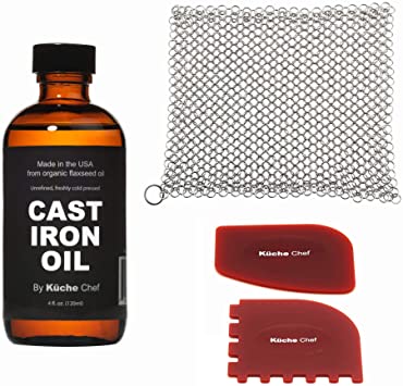 Cast Iron Cookware Maintenance Set - 4oz Organic Cast Iron Oil & XL 8x8 Inch Premium 316 Stainless Steel Chainmail Scrubber & Durable polycarbonate/BPA free Cast Iron Pan Scrapers