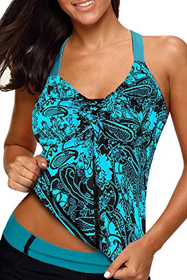 Astylish Women's Sexy Printed Removable Padded Adjustable Straps Tankini Top Swimsuit Swimwear
