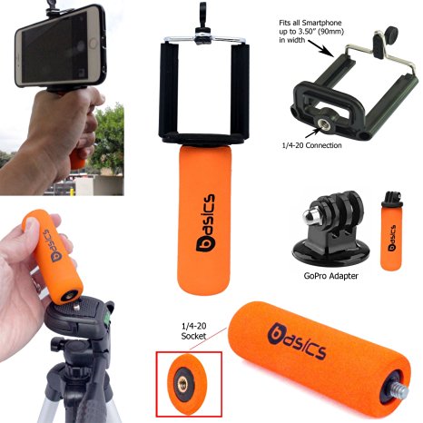 AccessoryBasics SNAP-II Universal Smartphone Holder Mini Hand Grip Stabilizer with 1/4-20 Connection & GOPRO Tripod Adapter for Apple iphone 6 Plus / 6 6s 5s Samsung Galaxy S6 S5 Edge Note 5 4 3 HTC ONE & GoPro Hero 4 3 Silver/Black Camcorder