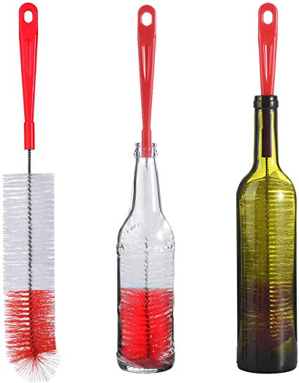 ALINK 3-Pack Long Red Bottle Cleaning Brush for Narrow Neck Beer, Wine, Kombucha, Hydroflask, Thermos, S’Well, Nalgene, Pitcher, Carafe, Brewing Bottle Cleaner, 16/17 Inches