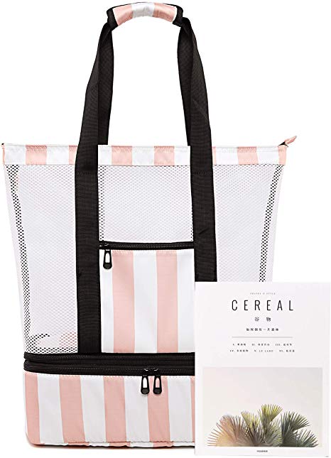 Mesh Beach Bag with Cooler Sections Pool Bag for Women Detachable Insulated Picnic Bag and Solid Zipper Closure Travel Tote Shoulder Bag (Light Pink)