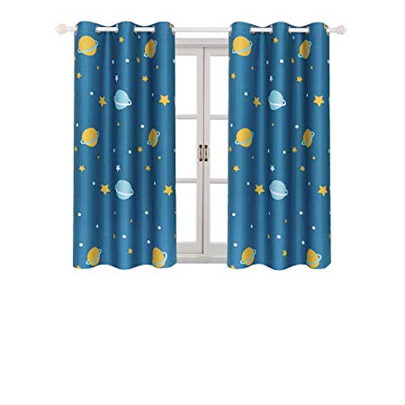Room Darkening Kids Curtains for Bedroom –Cute Planet Printed Curtains with Twinkle Star Patterns, Grommet, 2 Panels (42" Wx63 L Each Panel, Blue)