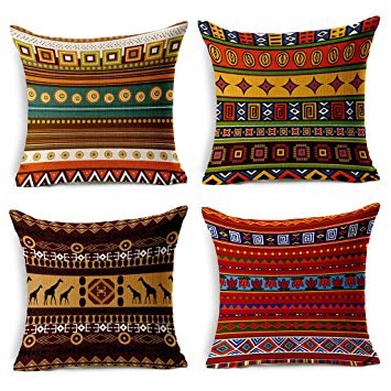 YouYee 4-Pack Cotton Linen Sofa Home Decor Design Throw Pillow Case Cushion Covers Square 18 Inch(Set of 4 Ethnic African Style Series)