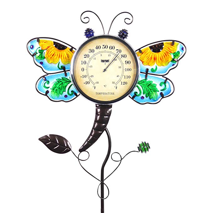 Exhart Dragonfly Thermometer Garden Stake – Dragonfly Decor w/Yellow Flower Glass Wings - Charming Garden Temperature Gauge Decorative Outdoor Thermometer for The Garden, Yard & Patio, 13 x 36”