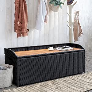 Flamaker Outdoor Storage Bench 70 Gallon Rattan Deck Box with Acacia Wood Seat Indoor Entryway Decor Storage Box for Toys, Cushions, Tools