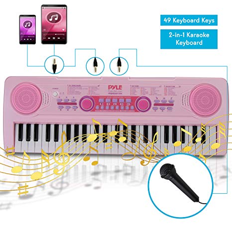 Electric Keyboard Piano for Kids-Portable 49 Key Electronic Musical Karaoke Keyboard, Learning Keyboard for Children w/Drum Pad, Recording, Microphone, Built-in Speaker-Pyle PKBRD4911PK (Pink)