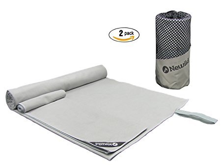 Microfiber Travel Sports 2 Packs Newild Towel (61" X 40" and 24"X12"),Fast Drying Super Absorbent Antibacterial for Camping, Gym, Beach, Swimming,Bath and Yoga ,With Suitable Mesh Bag (Color: Gray)