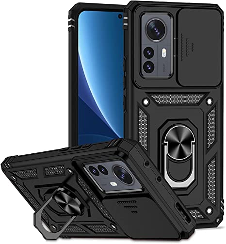 SEEKO Case for Xiaomi 12 Pro 5G, Heavy Duty Hard Tough Silicone TPU Dual Layer Hybrid Shockproof Cover, with Slide Camera Cover and Ring Kickstand - Black