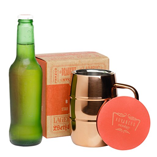 Double Walled Copper Plated Insulated Coffee & Beer Mug 14 oz with Beautiful Artisan Coaster by Brew Science