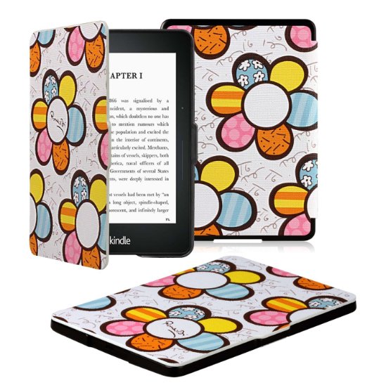 OMOTON Kindle Voyage Smart Case Cover -- The Thinnest and Lightest PU leather Case Cover for the Latest Amazon Kindle Voyage with 6" Display and Built-in Light, Flower