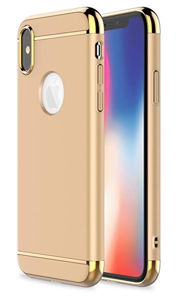 iPhone X Case,RORSOU 3 In 1 Ultra Thin and Slim Hard Case Coated Non Slip Matte Surface with Electroplate Frame for Apple iPhone X (5.8")(2017) - Gold