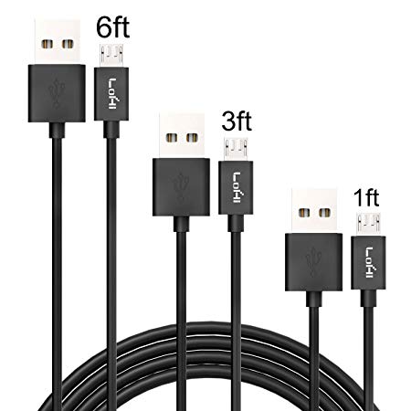 Micro USB Cable, LoHi 3Pack 1-FT 3-FT 6-FT Premium Durable High Speed USB 2.0 A Male To Micro B Sync Charging Cables for Samsung HTC Blackberry LG Android Smartphone Laptop Camera - Black