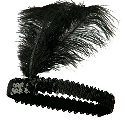 iLoveCos Roaring 20's Sequined Showgirl Flapper Headband Black with Feather Plume