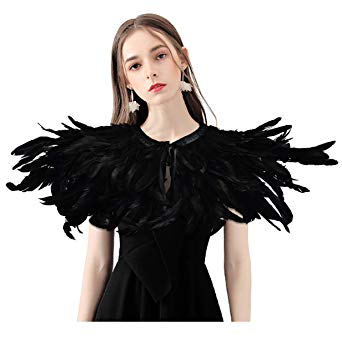 HOMELEX Gothic Black Natural Feather Cape Shawl with Choker Collar