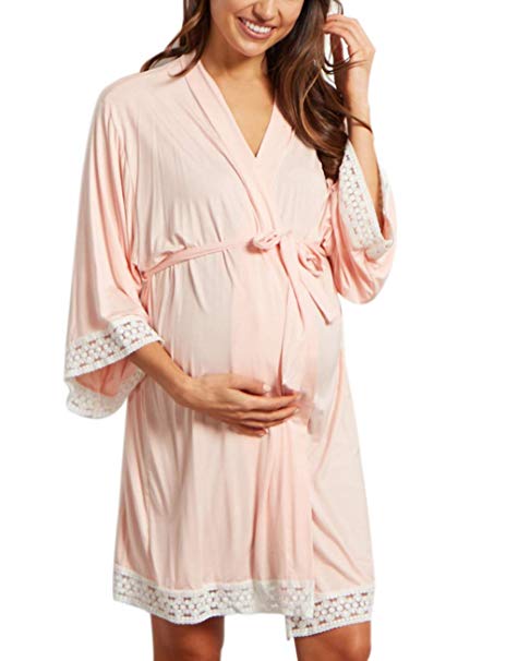 Women Maternity Kimono Robes Cotton Lightweight Pregnancy Lounge Robe Nursing Bathrobe