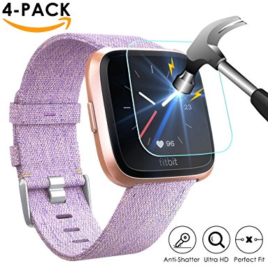 EZCO Fitbit Versa Screen Protector (4-Pack), Waterproof Tempered Glass Screen Protector Cover Saver for Fitbit Versa Smart Watch Scratch Resist 99.9% Clear HD Anti-Bubble Protective Film