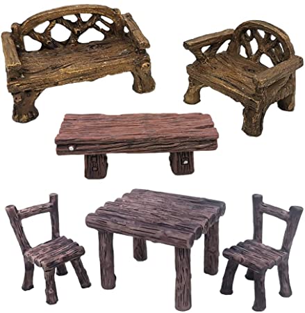 Trasfit 6 Pieces Miniature Table and Chairs Set, Fairy Garden Furniture Bench Ornaments Kit for Dollhouse Accessories, Home Micro Landscape Decoration (Style B)