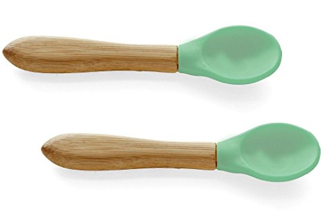 Avanchy Spoon Baby Toddler Organic Bamboo Feeding Spoons. Soft Tip Utensils, Bpa Free Silicone Feeding Set. 2 Pack, 5.5" L X 1.5" W, Green