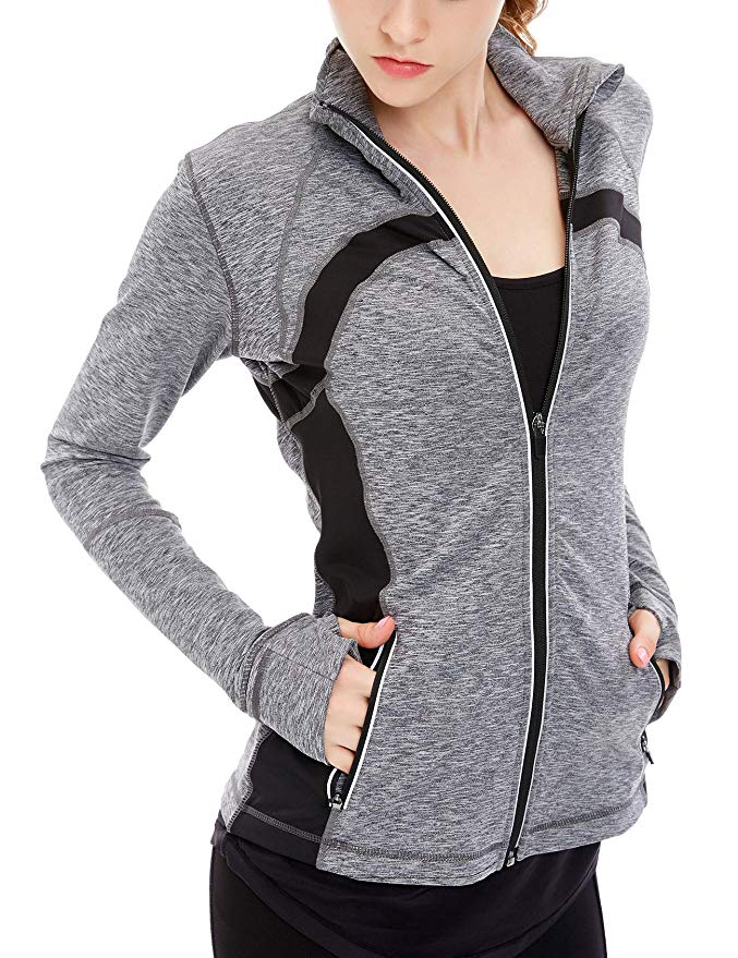 icyzone Women's Running Shirt Full Zip Workout Track Jacket with Thumb Holes