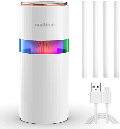 multifun Mini USB Humidifier - 400ml Portable Humidifier - with Multi-Colour LED Lights, Small Humidifier for Desk Travel Office Car Bedroom, Quiet Operation Personal Humidifier, Auto Timer Shut-Of (Cylinder)