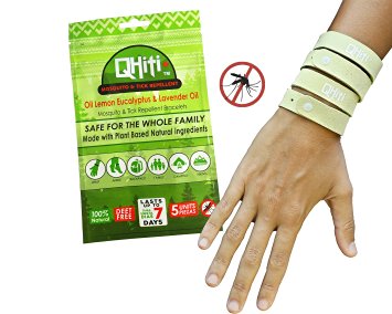 5 Band | QHiti Mosquito and Tick Repellent Bracelets - Oil of Lemon Eucalyptus and Lavender Oil - All Natural and DEET Free - Practical and Easy to Use, Ideal for Outdoor!