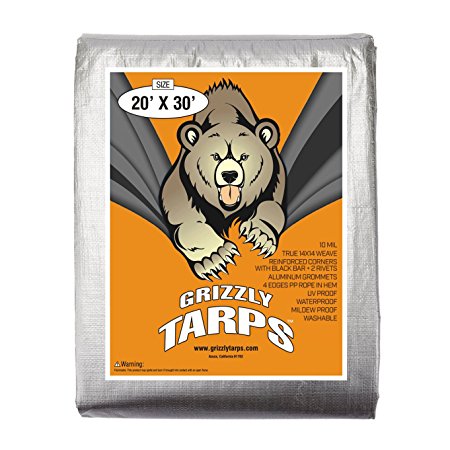 Grizzly Tarps 20 x 30 Feet Silver Heavy Duty Multi Purpose Waterproof Poly Tarp Cover 10 Mil Thick 14 x 14 Weave
