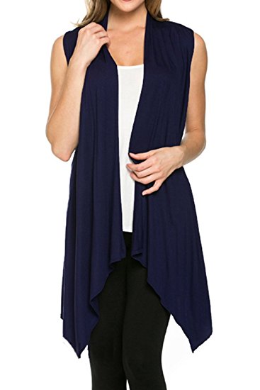 Women's Solid Color Sleeveless Asymetric Hem Open Front Cardigan -Made in USA