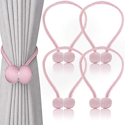 Magnetic Curtain Tiebacks (4 Pcs Pack) Convenient Drape Tie Backs,Home Office Decorative Rope Holdbacks/Holder for Window Sheer and Blackout Panels Curtain Decor Pink