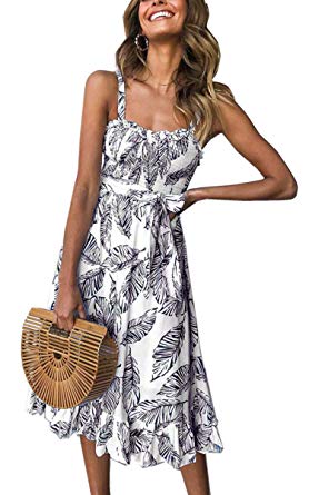 Angashion Women's Dresses - Summer Boho Floral Spaghetti Strap Button Down Belt Swing A line Midi Dress with Pockets