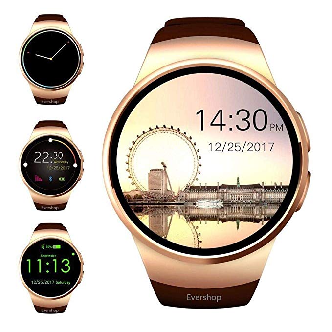 Smart Watch,Evershop 1.5 inches IPS Round Touch Screen Smartwatch SIM Card TF Card Slot Sleep Monitor, Heart Rate Monitor Pedometer iOS Android(Gold)