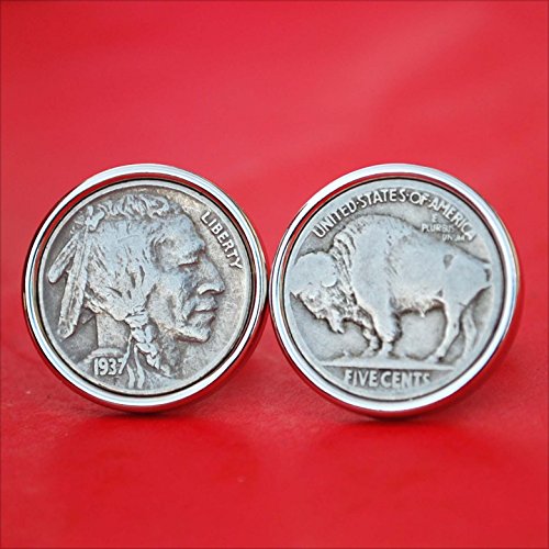 US 1937 Indian Head Buffalo Nickel Coin Silver Plated Cufflinks NEW