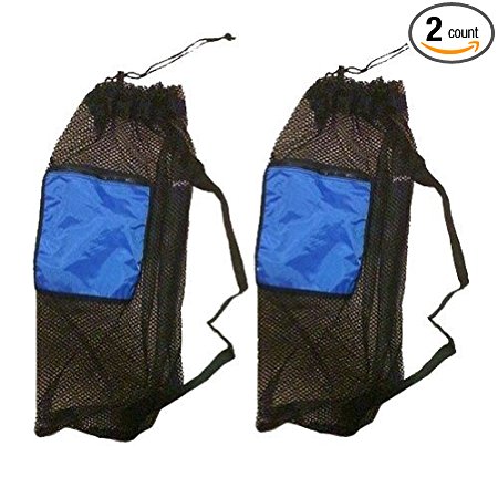 2 PACK Mesh Drawstring Snorkel Bag with Blue Zip Pocket