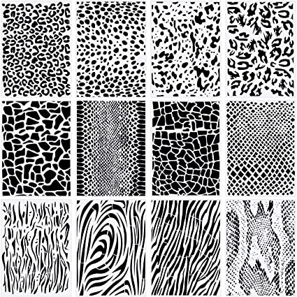 12 Pieces Leopard Skin Stencils Leopard Pattern Templates Animal Print Stencil Reusable Plastic Leopard Print Templates Stripe Stencil for Painting Baking Crafts Wall Furniture Home Decor