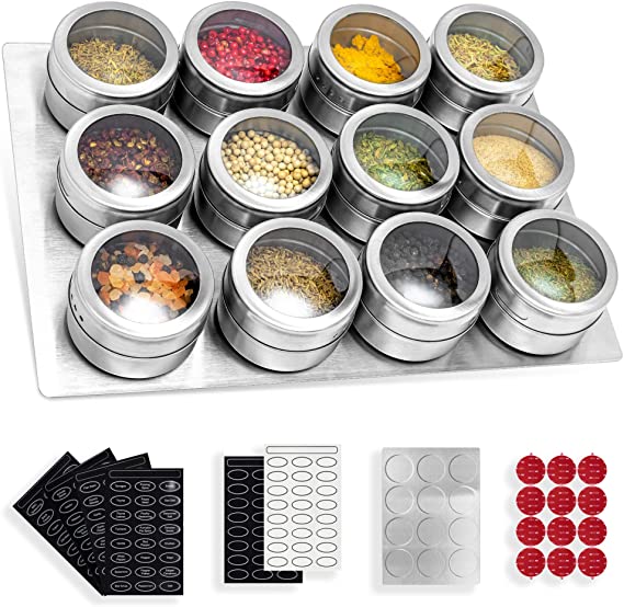 SZILBZ Magnetic Spice Tins with Stainless Steel Wall Mounted, Magnetic Spice Rack Spice Container With Labels, Magnetic Spice Jar With Clear Lid And Small Holes Sift&Pour Rust Free- Easy To Clean