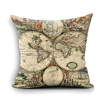 Pillow Cases Decorative 18x18 - Vintage World Map Cotton Throw Pillow Case Cushion Cover Standard Size Square - Present for Dad,Mom,Aunt,Uncle,Daughter,Sister,Brother,Wife,Husband or Friend