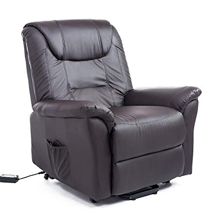 HomCom Faux Leather Three Position Power Lift Chair Recliner with Remote - Dark Brown