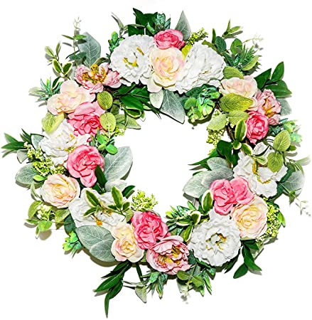 Floral Wreath with Green Leaves, Rose Peony Front Door Wreath 24 Inch, Stunning Spring Door Wreath Floral Decor for Front Door, Mixed